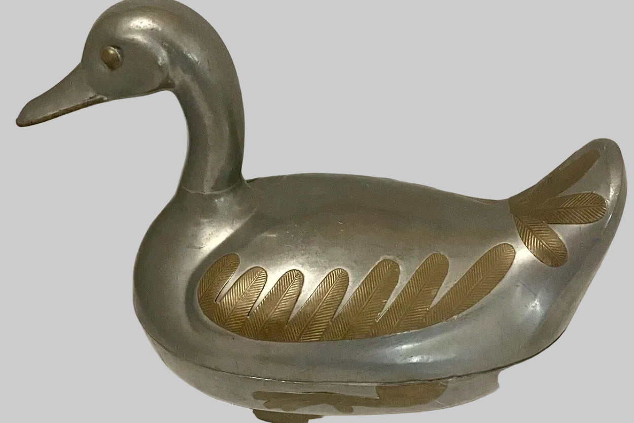 Vintage Chinese Pewter & Brass Overlay Duck Covered Box
